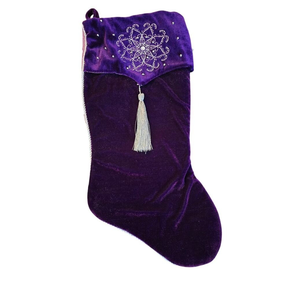 Santa's Best Elegant‎ Purple Velvet Silver Pearls Embroidered Christmas Stocking